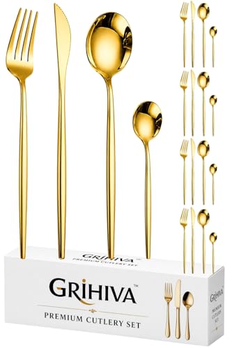 Image of 20 Pcs Gold Slim Handle Stainless Steel Cutlery Set for Dining Table with Spoons and Forks Set + Butterknives - The Perfect Tableware /Flatware