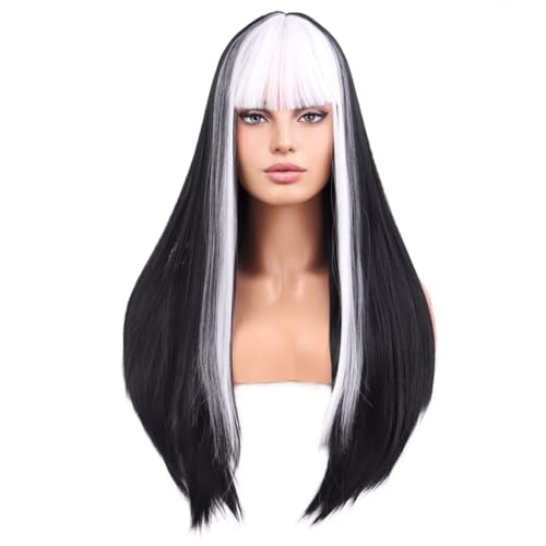 MAGQOO Black White Wig for Women Long Straight Black and White Wig with Bangs Synthetic Heat Resistant Fiber Halloween Cosplay Costume Daily Party Use