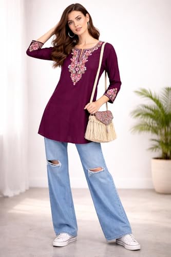 Image of HAUTEMODA Women Cotton Floral Embroidered Short Kurti, Tunic, Three-Fourth Sleeves, White