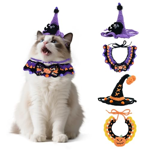 4 Pcs Halloween Cats Dogs Costume Knitted Suit Pumpkin Witch Spid...