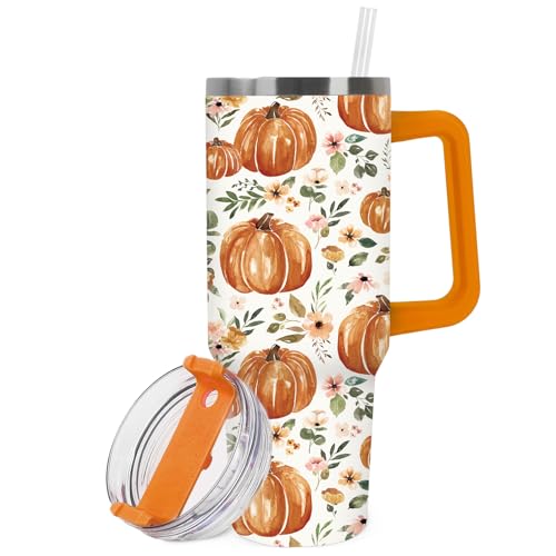 FYSUIMU Fall Tumbler with Handle 40oz Orange Pumpkin Green Leaves...