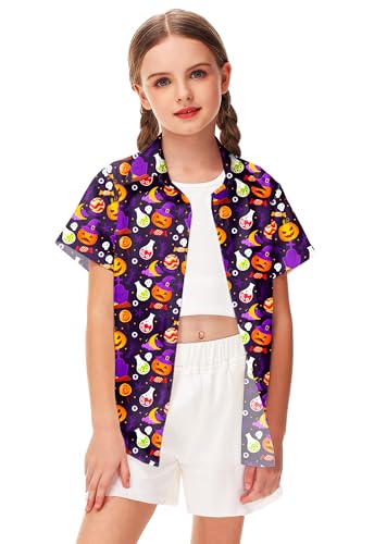 Image of Remimi Unisex Kids Halloween Shirt Boys Pumpkin Ghost Shirts Hawaii Button Up Tops 5-14 Years