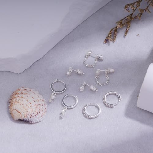 Image of Gold Earrings for Women, 14k Gold Plated Dangle Huggie Earrings for Women Trendy Dainty Gold Hoop Earring Stacks Hypoallergenic Pearl Chain Drop Cartilage Earring Fashion Womens Jewelry