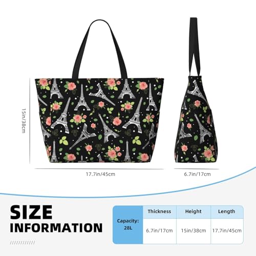 Wedding Roses Flowers Black Paris Eiffel Tower Beach Bag Women Tote Bag Pool Bag With Zipper For Gym Grocery Travel With Wet Pocket3