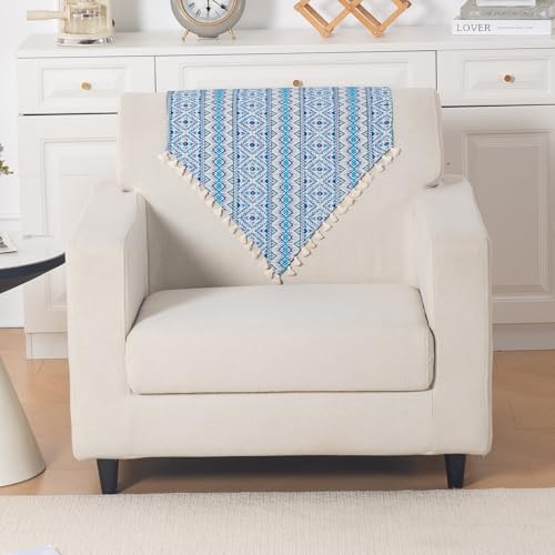 Image of HOKIPO Sofa Backrest Cover with Tassel | 300 GSM Thick Cotton Acrylic Jacquard Fabric Backrest Mat, Size 55x70 cm,'Trivana Series' Aqua Blue (IN-932-J7)