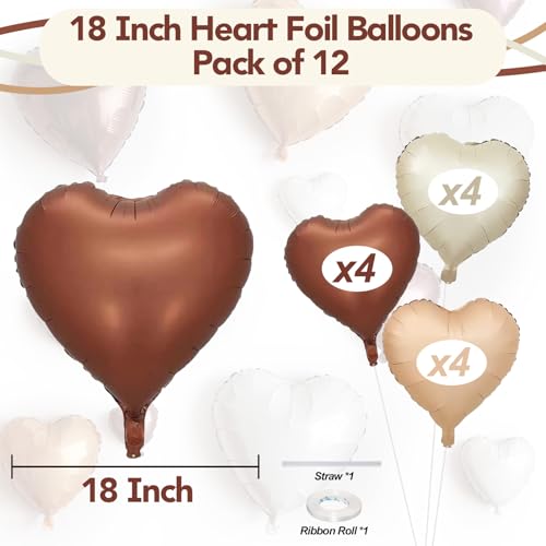 Cream Brown Heart Balloons, 12Pcs Brown Apricot Foil Balloons, Beige Coffee Foil Heart Shape Foil Balloon 18 Inch Nude Neutral Helium Foil Balloon for Boho Birthday Baby Shower Wedding Valentine