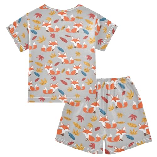 Fox Maple Leaf Pattern Summer Cute Pajama Sets, Short Sets for Daily Wears and Sleep Wears2