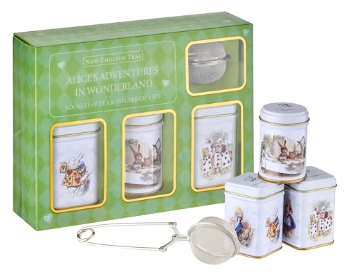 New English Teas Loose Leaf Tea & Infuser Gift Set – 3 Alice in Wonderland Tins with Breakfast, Earl Grey & Afternoon Blends with Loose Tea Infuser