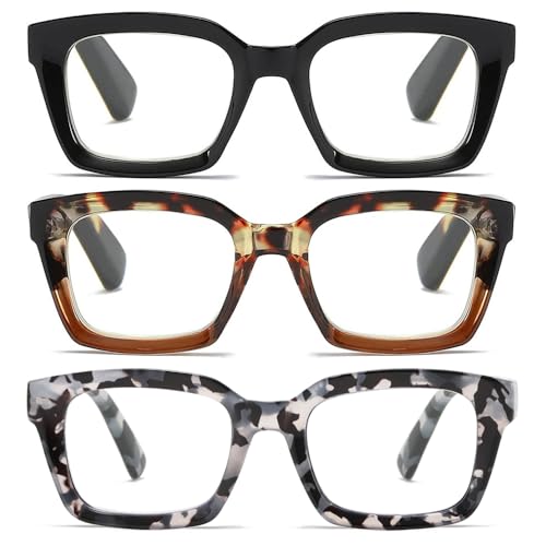 Image of 3 Pack Oversize Square Design Reading Glasses for Women, Blue Light Blocking Computer Reader