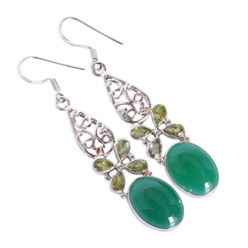 Pendientes de ónix verde natural y peridoto en plata de ley 925 maciza con acabado artesanal