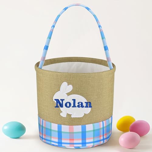 Easter Basket for Kids, VAPCUFF Easter Bunny Basket, Personalized Easter Baskets, Easter Basket with Name - Burlap Basket Blue Grid