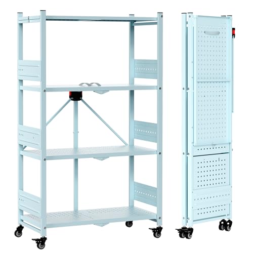 Image of WORKPRO 4-Tier Folding Shelf, No-Assembly Metal Storage Rack with Wheels, 600 lbs Capacity (with Leveling Feet), Collapsible Shelving Unit for Kitchen, Pantry, Closet & Craft Shows - Blue