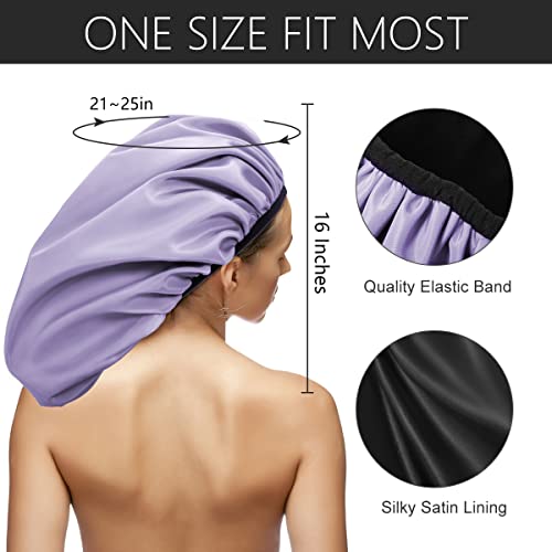 Auban Extra Large Shower Cap, Double-Layer Waterproof Reusable Satin Lining Shower Bonnet for Women Long Hair, Braids, Locs, perms (Purple)