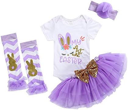 Baby Girl Easter Clothes My 1st Easter Outfits Baby Girl Rabbit Bodysuit Polka Dot Tutu Skirt Bunny Headband Leg Warmers (Purple, 0-3 Months)
