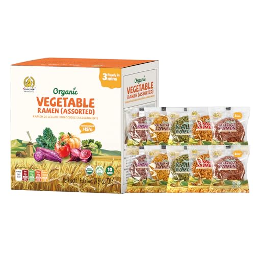 SUNGIVEN Organic Ramen Noodles Mixed Vegetable Healthy Low Sodium Ready in 3 Minutes Non-Fried Instant No Additives or Preservatives 2.47 OZ (Pack of 10)
