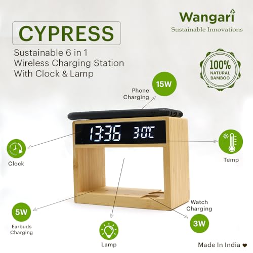 Image of Wangari Cypress 6-in-1 Bamboo Wireless Charging Station | Qi-Certified Fast Charger for Smartphone, Earbuds, Smartwatch | Digital Clock, Lamp & Temperature Indicator