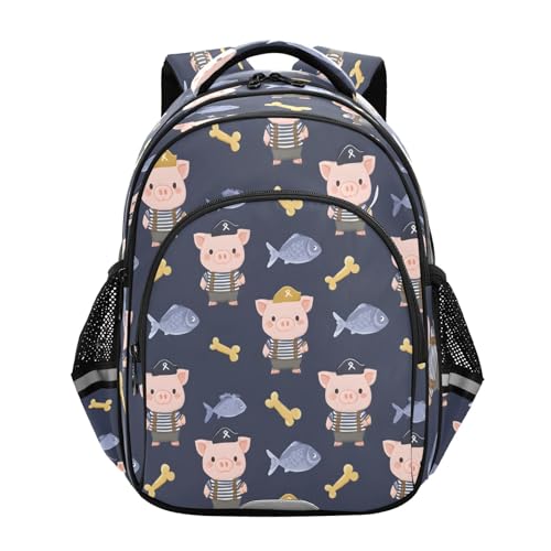 Pig Fish Bone Pattern Backpack For Girls Kindergarten Elementary Bookbag Lightweight Childrens School Bag,Small