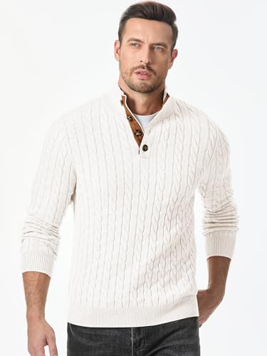 JMIERR Men's Cable Knit Pullover Sweater Casual Long Sleeve Stand Collar Button Knitted Sweaters4