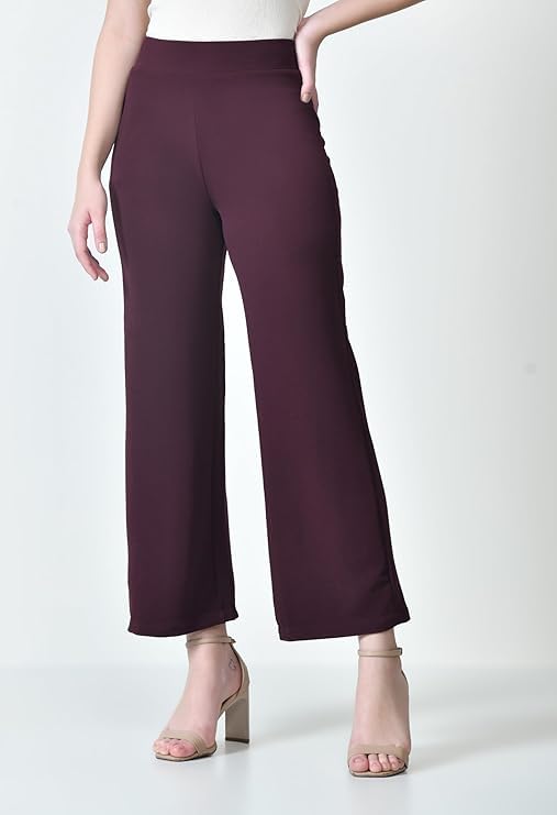 Image of Women's High Waist Straight Fit Trousers,Solid Korean Stretchable Pants for Women, Regular Fit Elastic Waist Full Length Formal Trouser,Casual,Office Wear