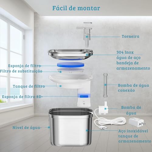 Fonte de Água para Animais de Estimação Bebedouro de Inox com Filtro e Purificação