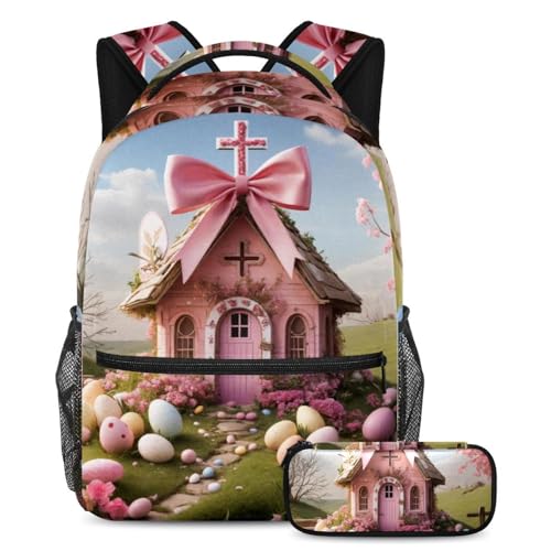 Sac à dos d'école rose et trousse assortie pour étudiante 40cm