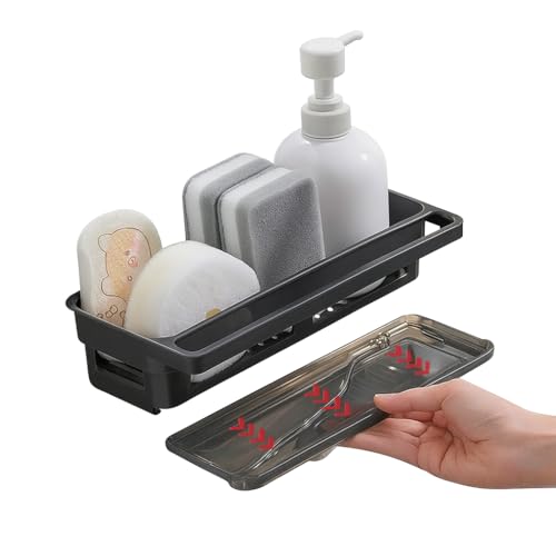 Organizador Cocina - Organizador Fregadero Cocina , Soporte estropajo , Porta Estropajos Fregadero , Escurridor estropajos fregadero , organizador fregadero - sin taladrar y bandeja desmontable, Gris