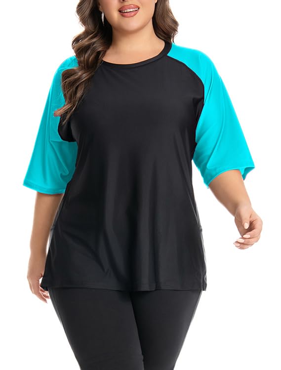 Womens Plus Size Rash Guard Swim Shirt UPF50+ Short Sleeve Sun Protection with Pockets | Tagless Tummy Control & Mesh Vents