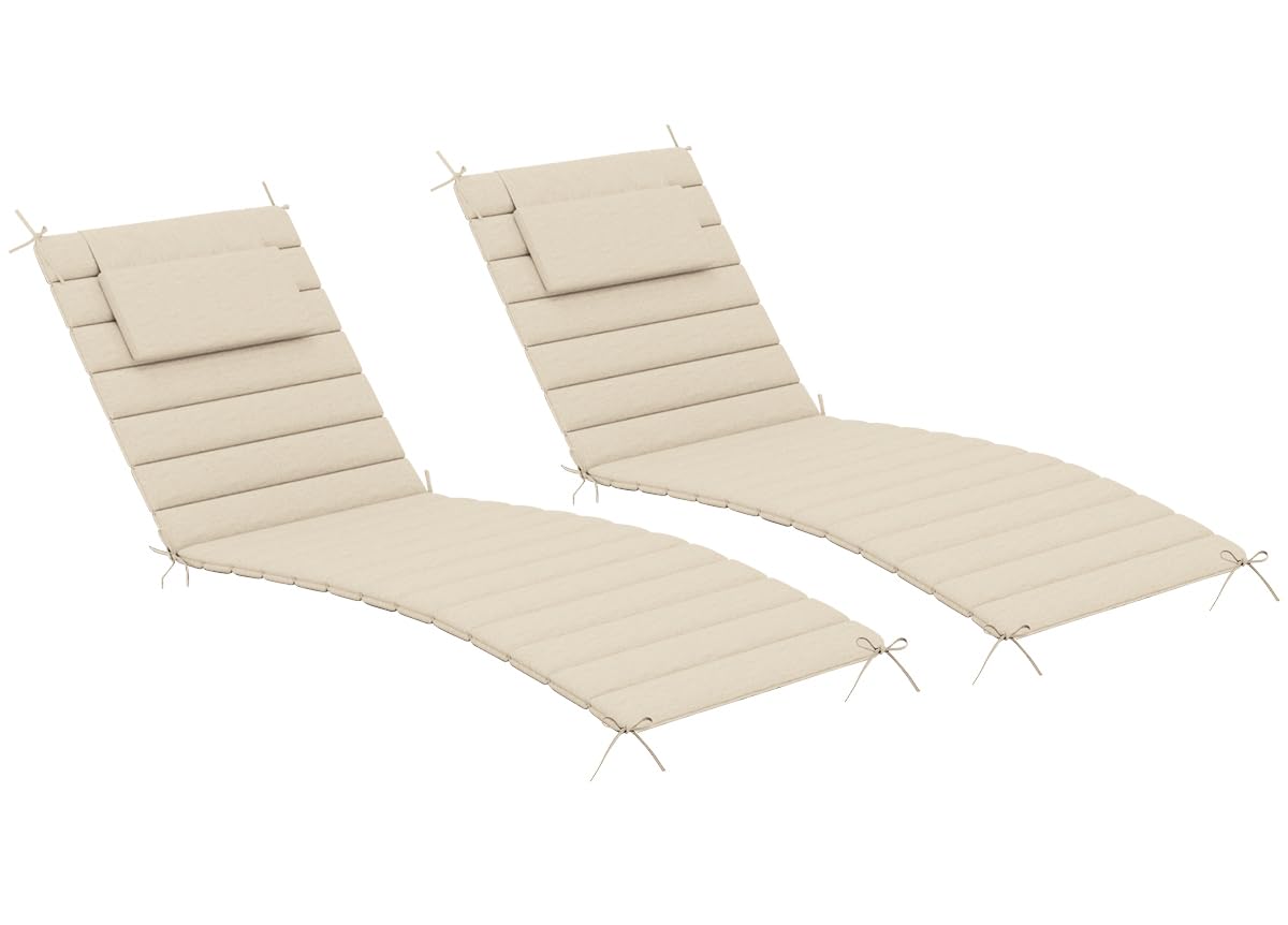 Outdoor Olefin Quilted Lounge Cushion Set of 2, Patio Foldable Chaise Lounger Cushion, Water-Resistant Lounge Chair Pad with Straps Beige, 80 x 21 inches