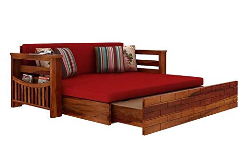 Image of Mamta Furniture Solid Sheesham Wood Sofa Cum Bed Furniture Set With Storage And Cushions For Living Room|Bedroom|Drawing Hall (2-Person Sofa, Honey Finish, Queen, Brown)