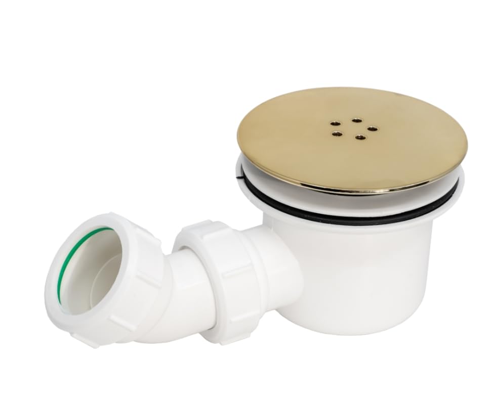 Fluidmaster 90mm Hi-Flow Shower Trap/Drain - Brushed Brass & White - Fast Drainage & Stylish Design