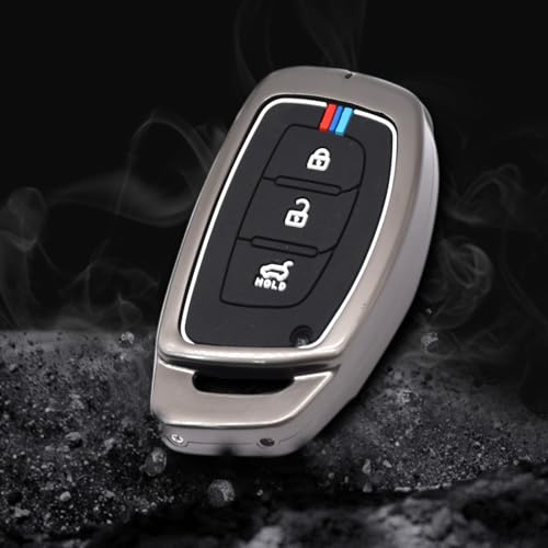 Image of KMH Metal Shell Soft Silicone Key Cover Compatible with Hyundai Creta, Grand i10, i20, NIOS Asta, Venue, Aura, Elantra Smart keycover with Keychain 3 Button Key Shell Case Holder Protector (Metallic)