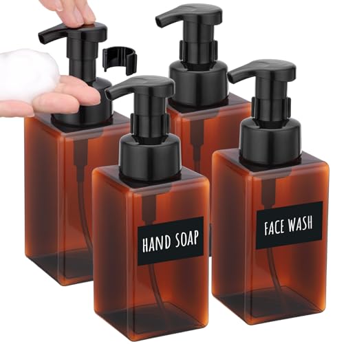 Image of Segbeauty 15.2oz Amber Plastic Refillable Foaming Soap Dispenser Pump Bottle for Bathroom, 4pcs Empty Shampoo Foamer Bottle with Foaming Pump, 450ml Square Kitchen Liquid Soap Dispenser with Labels