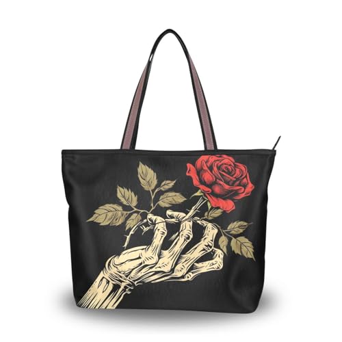 ALAZA Rose Flower Hand Black Women Tote Bag Handbag Large Capacity Shoulder Bags
