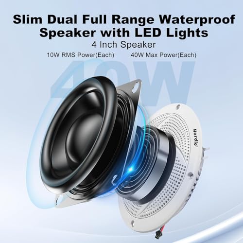 Image of Herdio 4 inch Bluetooth Marine Speakers, Low Profile Slim Design with LED Lights, 80W 2-Way Weather Resistant Outdoor Audio, Suitable for Boat, RV, UTV, ATV, Golf Cart (2-Pack, White)