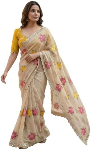 Yashika Women's Chiku Georgette With Embroidery Saree with Blouse Piece for Traditional Ethnic Wear Sari-(AZ-YS-OG1-YUNA YELLOW)