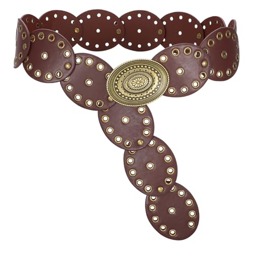 VONMELLI Women Western Disc Belt Cowgirl Concho Leather Belts for Dress Wide Boho Waist Belt for Concert Outfits Brown with Bronze Buckle S