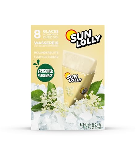 Sun Lolly Wassereis Holunderblüte 8 Stk | Mit Fruchtsaft | Zum Selbsteinfrieren | Ohne künstliche Aromen | Frei von Süßungsmittel | Laktosefrei | Glutenfrei | 8 x 60ml