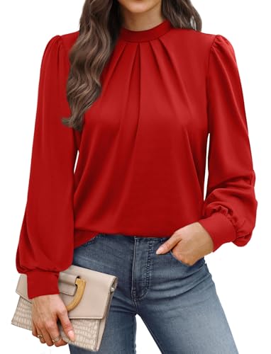 Image of WIHOLL Long Sleeve Shirts for Women Mock Neck Tops Pleated Front Blouses Dressy Casual Spring Fall Clothes 2026 Fashion