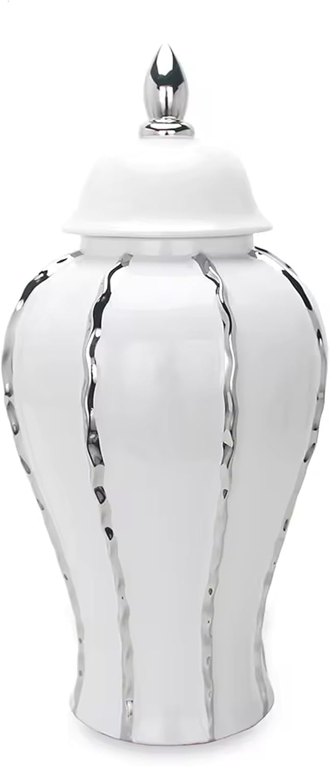 Vase Tabletop White Ceramic Ginger Jar Silver Trim Home Decor 24.5" Tall
