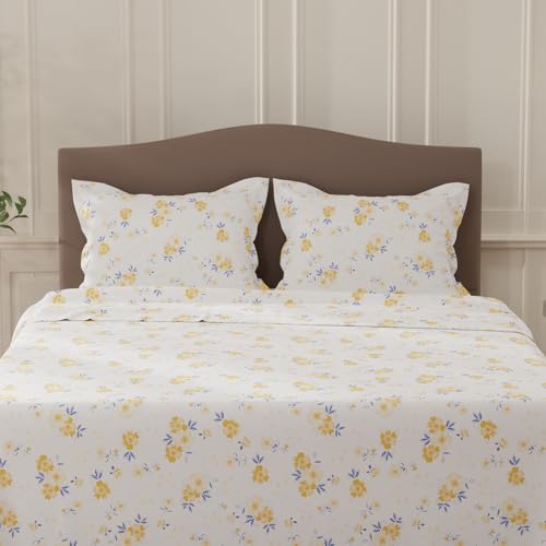 Image of Layers 100% Cotton Bedsheet for Double Size Bed | Lumina Floret Collection | 144 TC Soft & Breathable | Floral Print with 2 Pillow Covers | Wrinkle Free | 3 Pc Bedding Set - White & Yellow