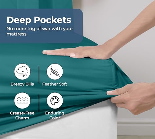 Image of Royale Linens 100% Organic Cotton Fitted Sheet - Percale Weave - Super Soft Deep Pocket Bottom Sheets - Elastic Sheet Twin Size - Twin Fitted Sheets Only - (39 inchx75 inch+15 inch, Teal)