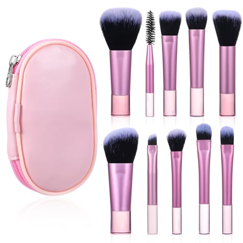 Juego de 10 Pinceles de Maquillaje de Viaje - Set Profesional Mini Brochas de Funciones Completas para Cara y Ojos