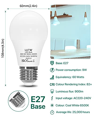 LUTW LED Light Bulbs, E27 Edison Screw Bulbs 60W Equivalent, Cool White 6500K ES Screw in Light Bulb - Image 2