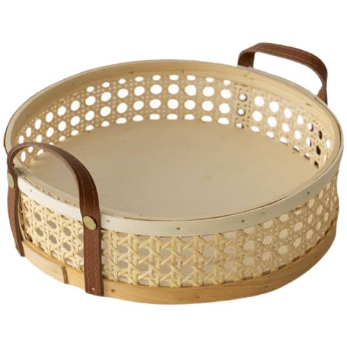 OFFSCH Rattan Basket Fruits Basket Wicker Serving Tray Round Storage Basket Woven Fruit Baskets Round Serving Tray Food Basket Decorative Basket Food Trays Woven Storage Baskets