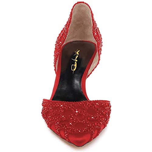 Image of XYD Women's Pumps, Elegant Pointed Toe, D'Orsay Kitten Low Heels, Rhinestone Studs, Slip-On Satin Shoes for Wedding