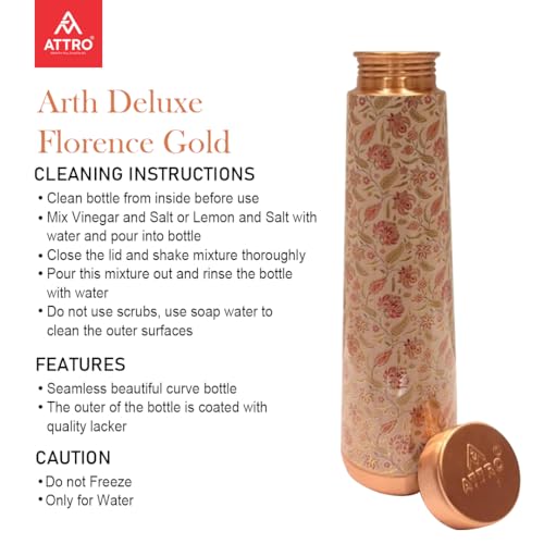 Image of ATTRO Arth Deluxe Copper Bottle Design Boosts Immunity Leakproof & Lightweight |Anti-Bacterial, BPA Free with Secure Cap for School, Travel, Gym & Work 900ml Florence Gold
