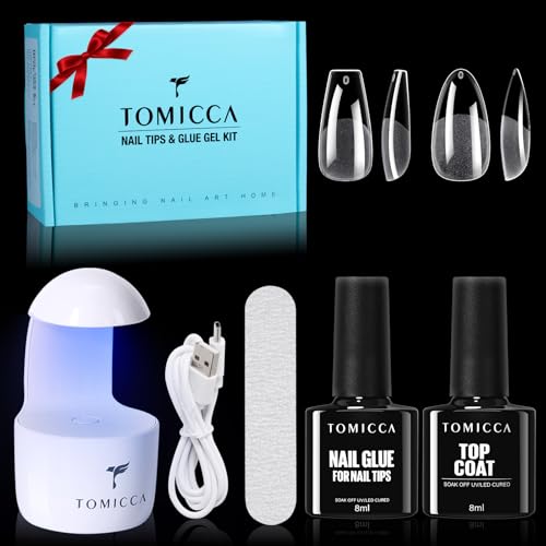 TOMICCA Kit Capsule Americaine Ongle, 240 PCS Capsules Ongle Amande Moyen &amp; Ballerina Moyen, Avec 6 en 1 Colle Faux Ongles Top Coat Semi Permanent Et Mini Lampe UV Ongles Gel