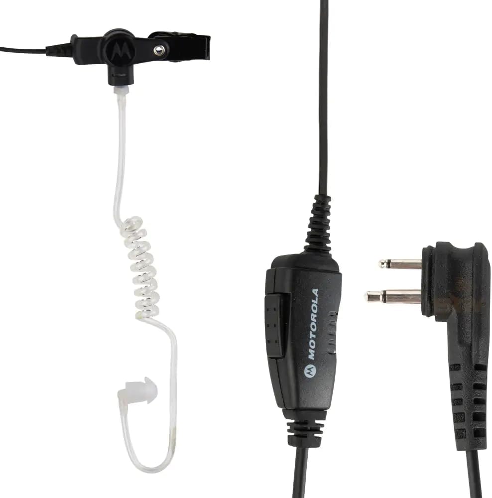 Close-up of the Motorola HKLN4601 in-line PTT button and radio connector.