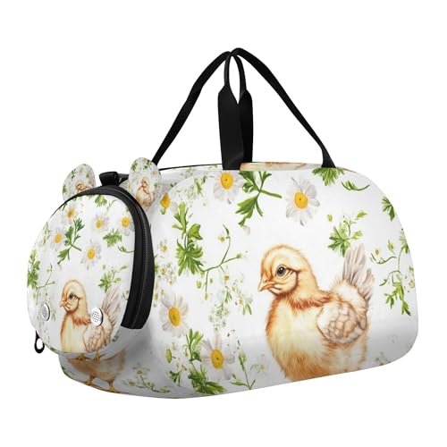 Glaphy Small Chicken Flowers Duffle Bag for Toddler Boys Girls, Gym Sports Bag with Shoe Compartments, Kids Travel Overnight Weekender Shoulder Bag