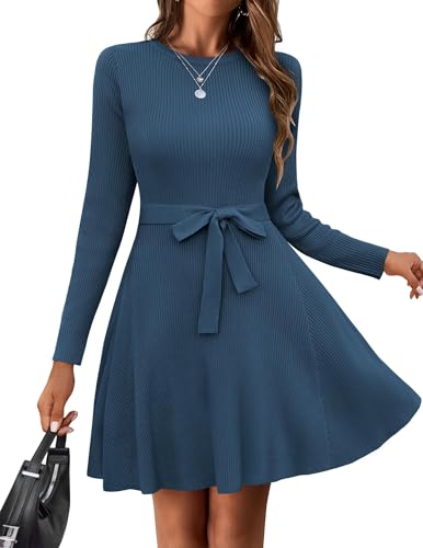 Hotouch Kleider Für Damen Langarm Pulloverkleid Frauen Elegant Midikleid Mit Gürtel Rundhals Strickkleid A-Linie Pullikleid Für Herbst Und Winter...